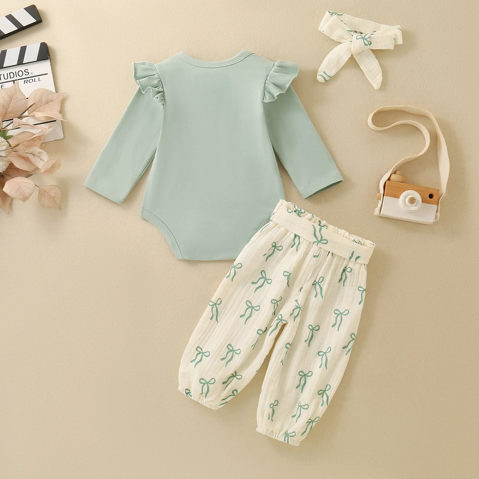 Little Sister Baby Girl 2PCS Outfit Long Sleeve Ruffle Romper Bow Print Pants with Headband Newborn Infant Toddler Clothes