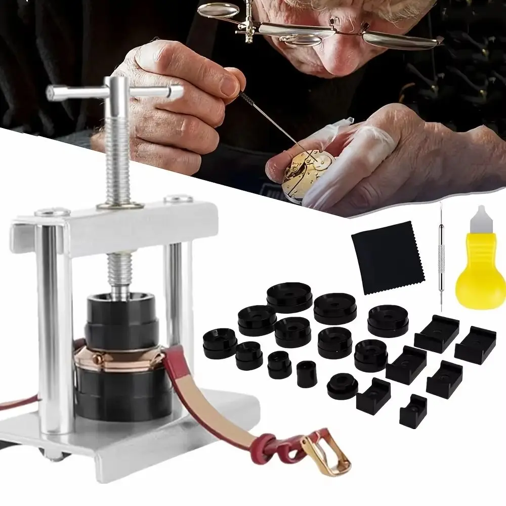 

Набор для ремонта часов: 12/18 пресс-платформ, металлическая конструкция, изогнутый резак, инструменты для ремонта часов, пылеудаляющая салфетка, инструмент для пробивки отверстий в ушках часов