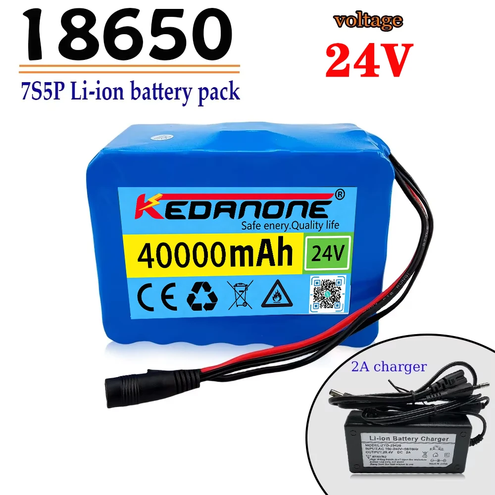 7S5P 18650 Lithium Battery Pack 24V 40Ah 15A BMS 500W 29.4V 40000mAh for Wheelchair Electric Vehicle Plus 2A Charger