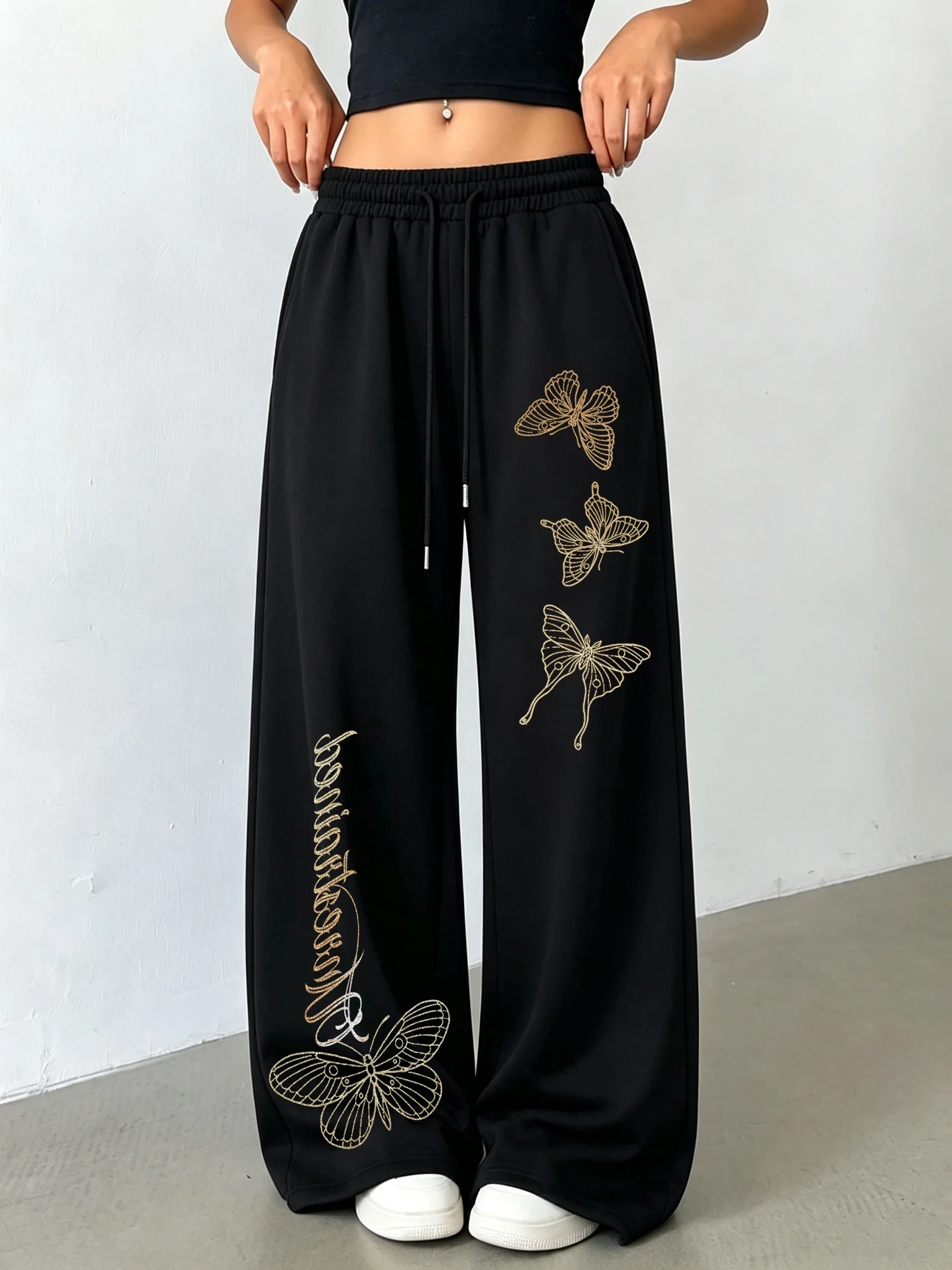 Women's Butterfly Print Fleece Sweatpants for Autumn and Winter Warm Casual Loose Stylish and Versatile Streetwear Trendy