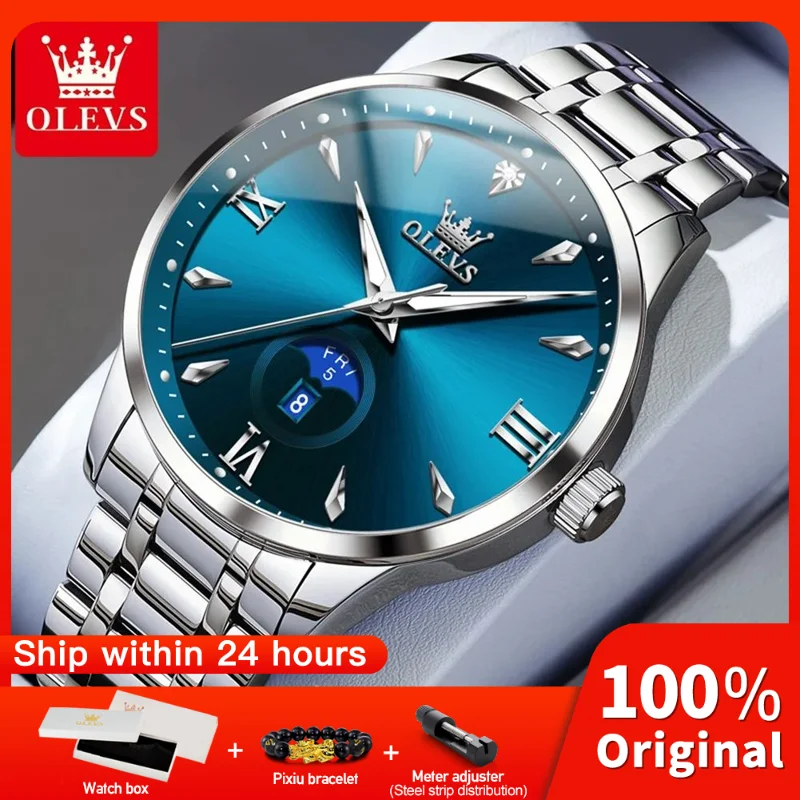 

OLEVS 3646, мужские часы, оригинальные деловые кварцевые часы, водонепроницаемые светящиеся часы с большим циферблатом для мужчин, двойной календарь, дисплей, подарки
