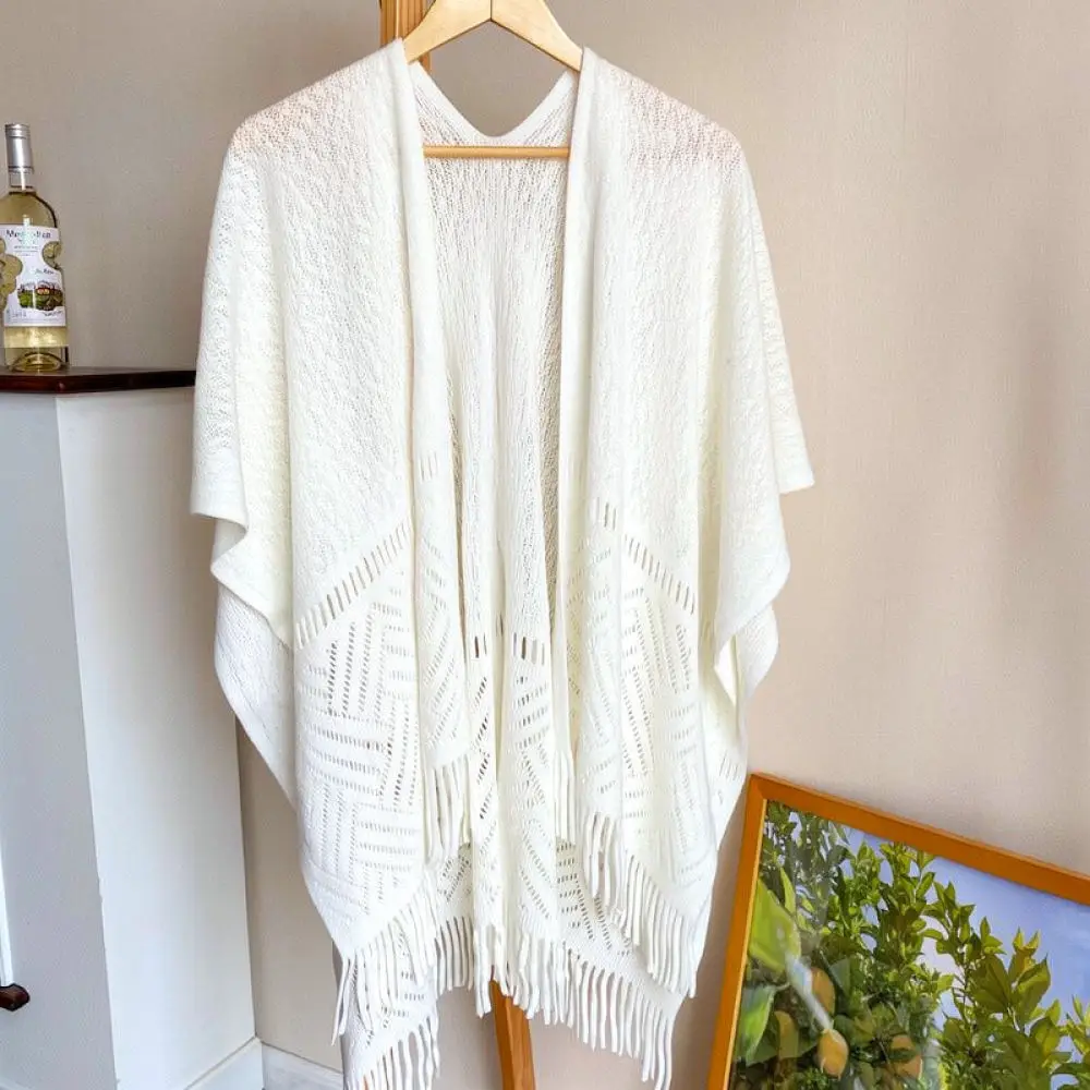 Womens Fashion Tassel Hollow Shawl Beige Retro Knit Wrap Elegant Cape For Cheongsam Dress Vacation Sun Protection Cover Up