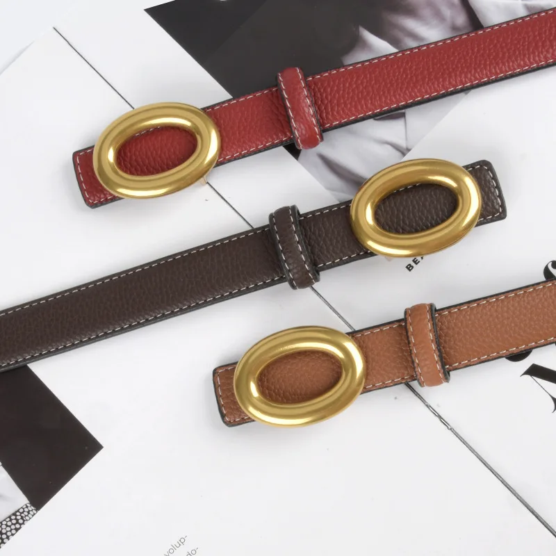 First Layer Cowhide Genuine Leather Women's Belt Double-sided Available 2.3cm Wide Lychee Pattern Waist Chain