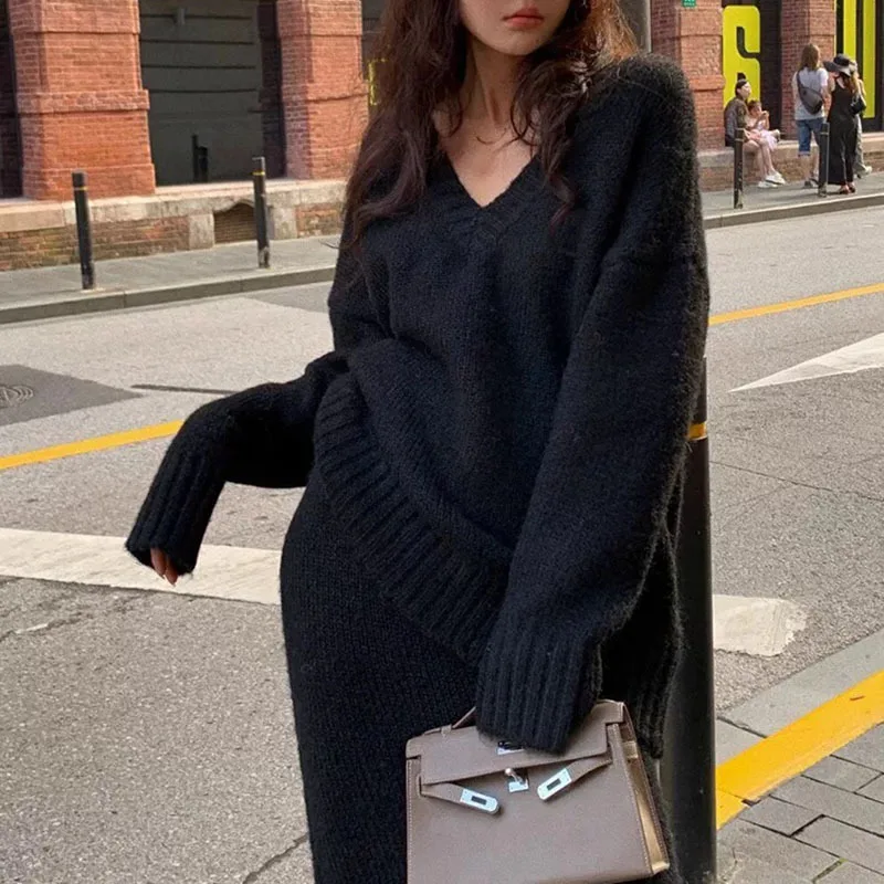 Setelan Sweater wanita rajut leher V, atasan sweter rajutan kasual longgar, rok ekor ikan Set dua potong musim gugur/musim dingin