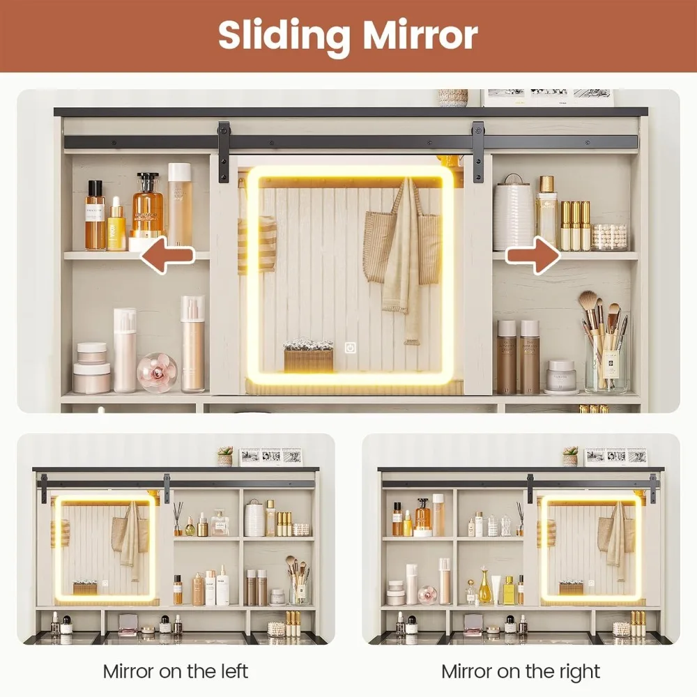 Vanity Desk with Sliding Mirror and Lights, Large Makeup Vanity with Glass Top & Charging Station, Vanity Table Antique White image 5
