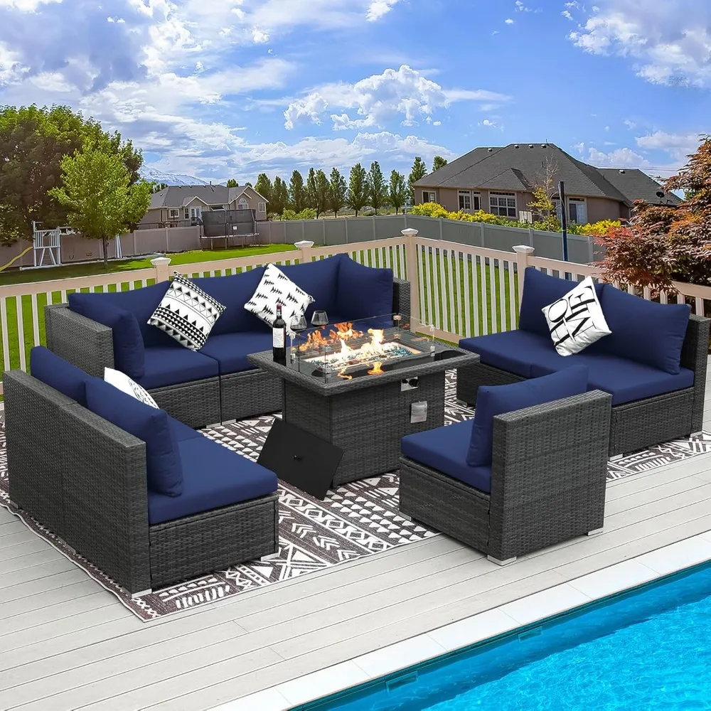 

9 Pieces Wicker Patio Furniture Set Sectional High Back Sofa Sets with Propane Fire Pit Table Rattan Lounge Conversation Set