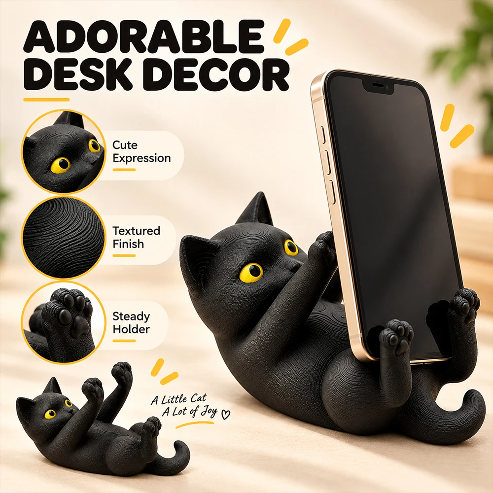 3D Printed Reclining Black Cat Phone Stand, Cute Kitten-Shaped Desktop Phone Holder, Desktop Phone Stand Animal Desk Home Decor