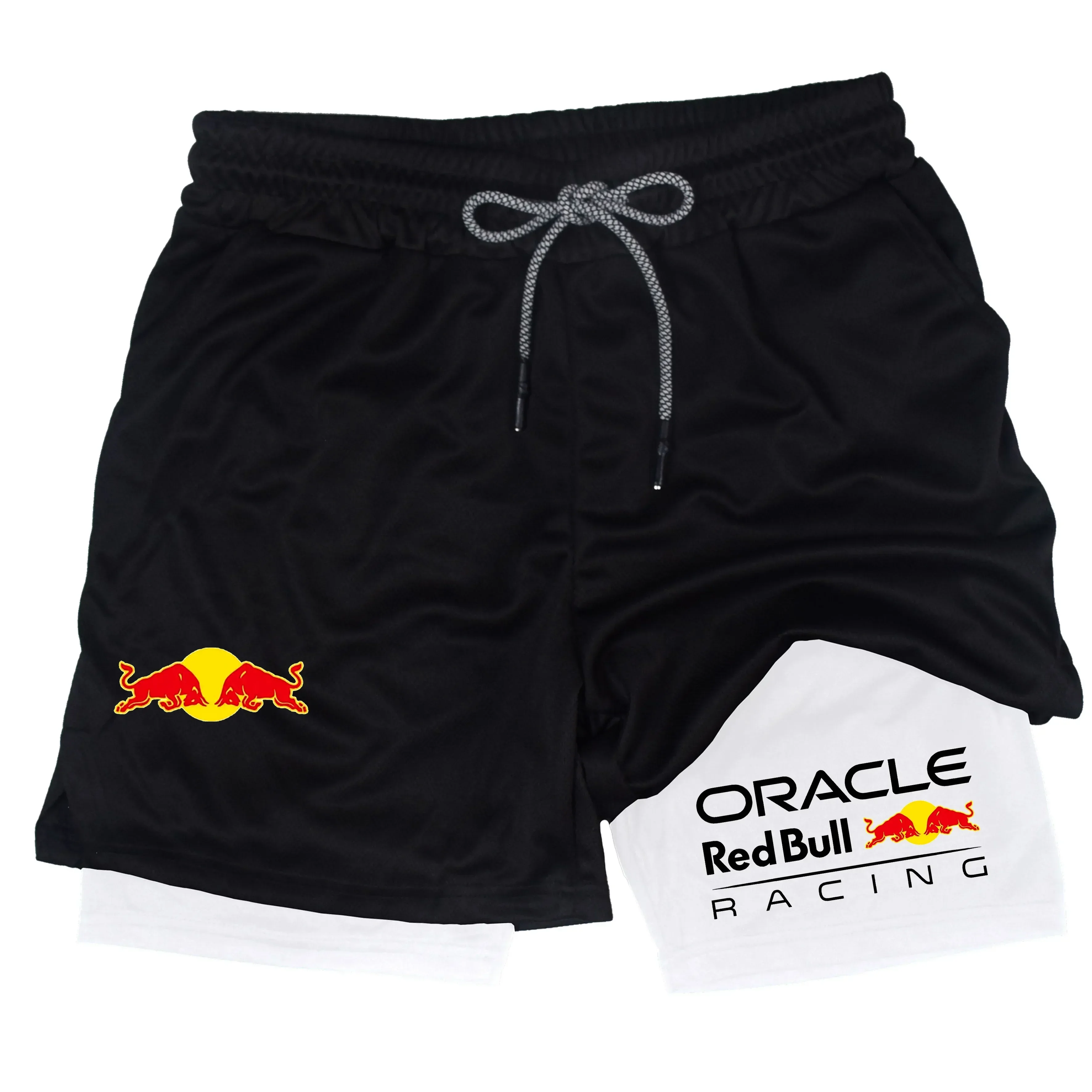 Шорты Red Bull 2025 года и мужские узкие шорты для бега «два в одном» с чехлом для телефона для летних спортивных брюк