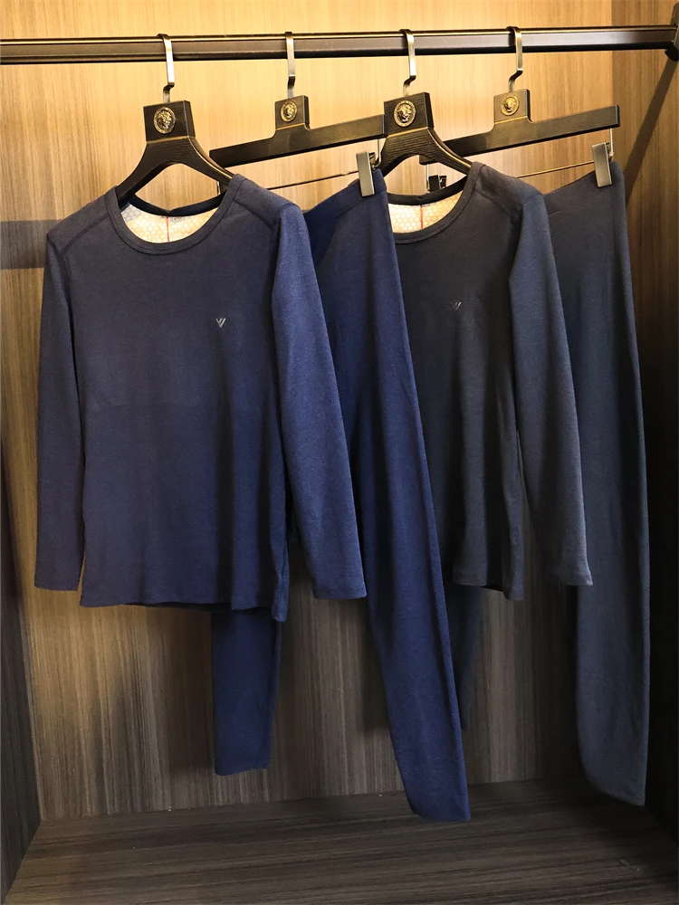 Warmth Comfortable Wool Silk Mixed Home Clothes Set Men's Base Shirt Pants Long Thickened Fleece round Neck Youth Home Wear