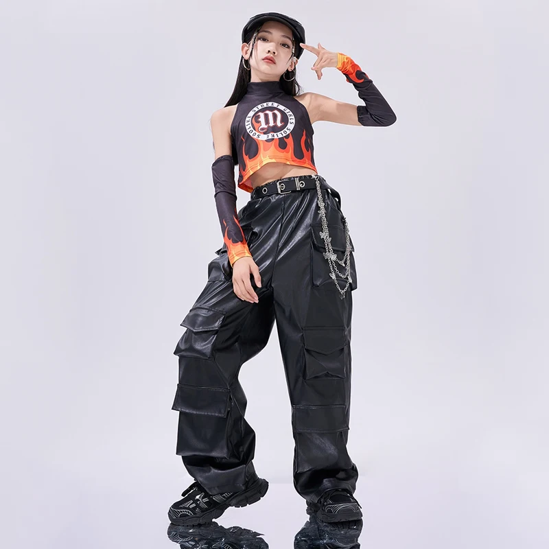 

2024 Kids Clothing Crop Vest Black Leather Pants Streetwear For Girls Jazz Dance Costumes Fashion Hip Hop Stage Clothes DQS17494