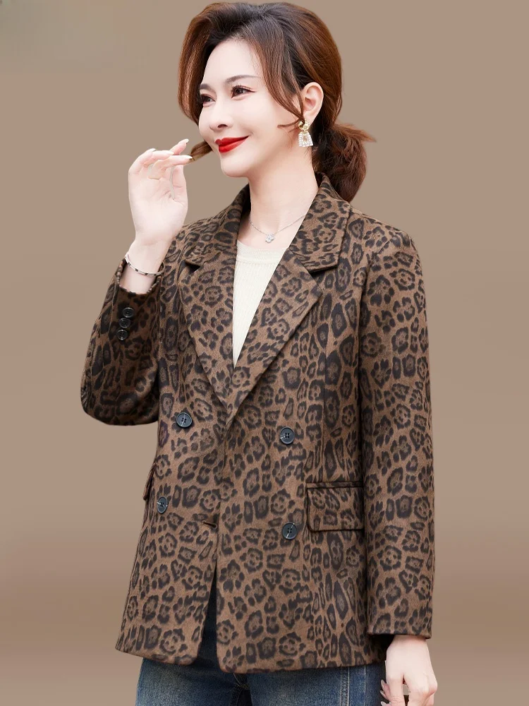 

Sli Leopard Print Jaet for Middle-Aged Women Spring Faion Outerwear Loose Fit V-Ne Single Button Cardigan