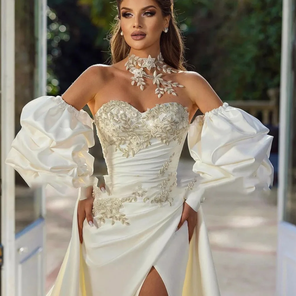 Luxurious Satin Bridal Gowns Detachable Puffy Sleeves With Train Side Split Wedding Dress Customized Princess Dresses