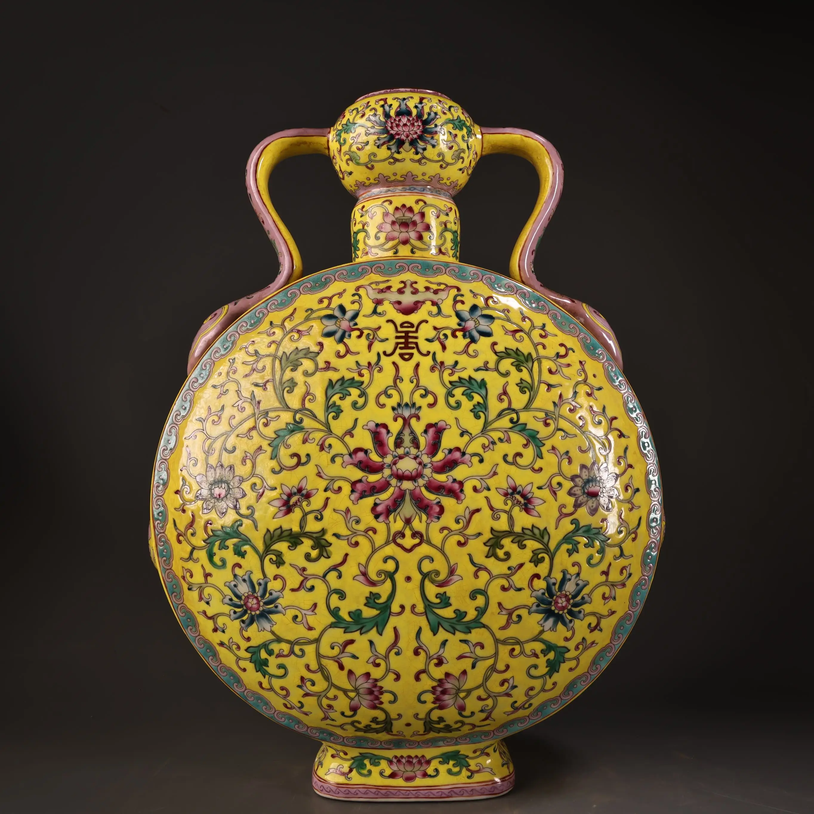 Old Porcelain Enamel Painted Outline in gold Flower Ruyi Ear Big Belly Bottle Half moon vase Appreciation bottle Ornaments