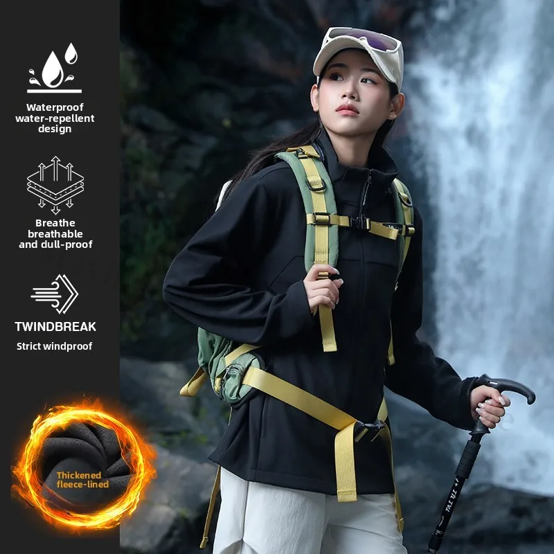 

Couple Charge Jacket Autumn Winter Soft Shell Fleece Warm Windproof Waterproof Breathable Hooded Jacket Outdoor Camp Travel Coat