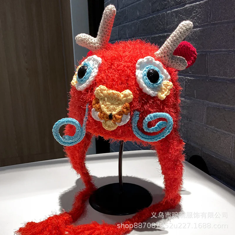 Chinese Zodiac Dragon Cute Woolen Hat Winter Ear Protection Cartoon New Year Dragon Head Knitted Hat