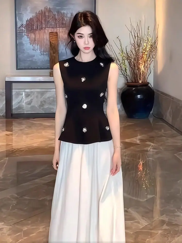 

Office Lady Skirt Sets Sleeveless Slim Appliques Tank Top Loose A-line Pleated Long Skirts Summer High-end Women Two-piece Set