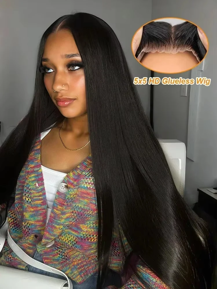 

Bone Straight Glueless Human Hair Wigs HD Lace Front 5x5 Closure Wear Go 30 40 Inches Raw Remy Vietnamese Black Hair Transparent
