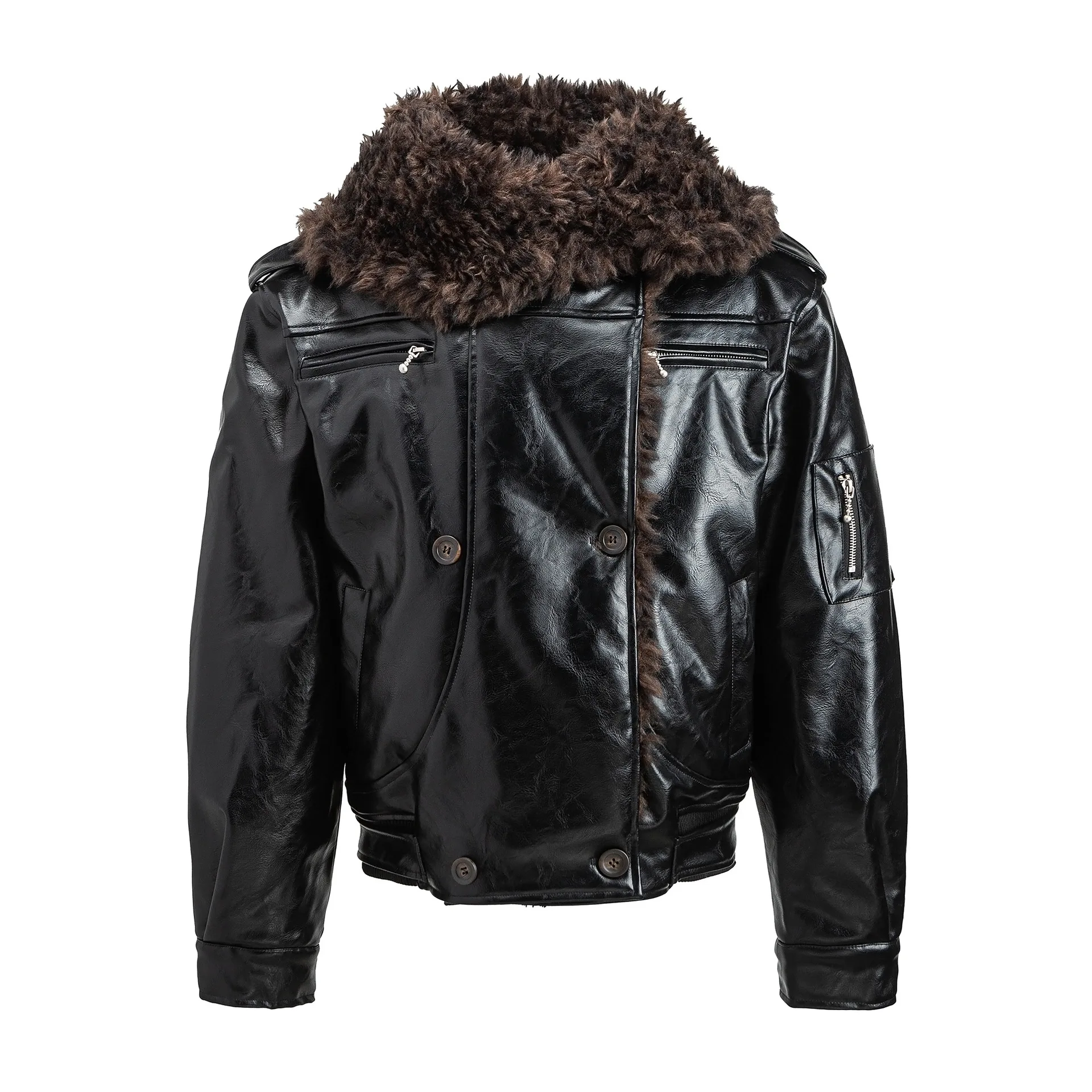 Men Women American Streetwear Fashion Vintage Double Breasted Quilted Warm Thicken Faux Fur Leather Short Parkas Jacket Coat