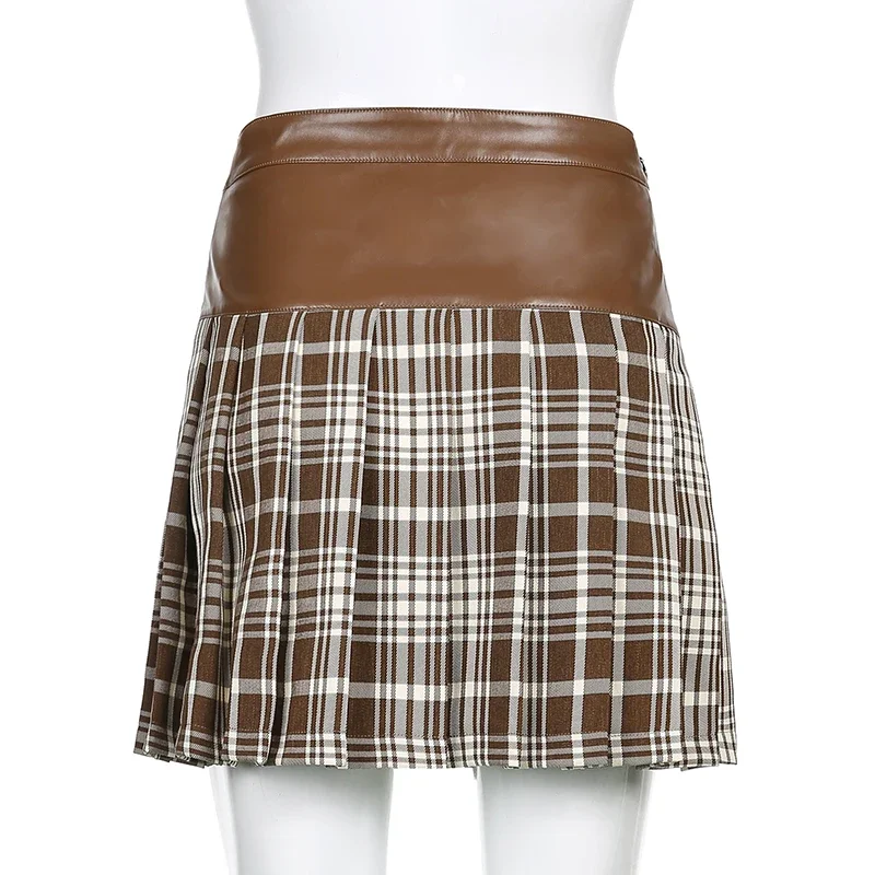 Pu Leather Patchwork Plaid Pleated Skirt 2022 New Women High-waisted Botton-up Mini Skirts With Pockets Brown Y2k Streetwears