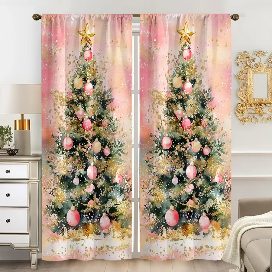2PCS Digital Print Curtain, Pink Watercolor Christmas Tree with Gold Ornaments and Pink Baubles, Star Topper, for Bedroom Decor