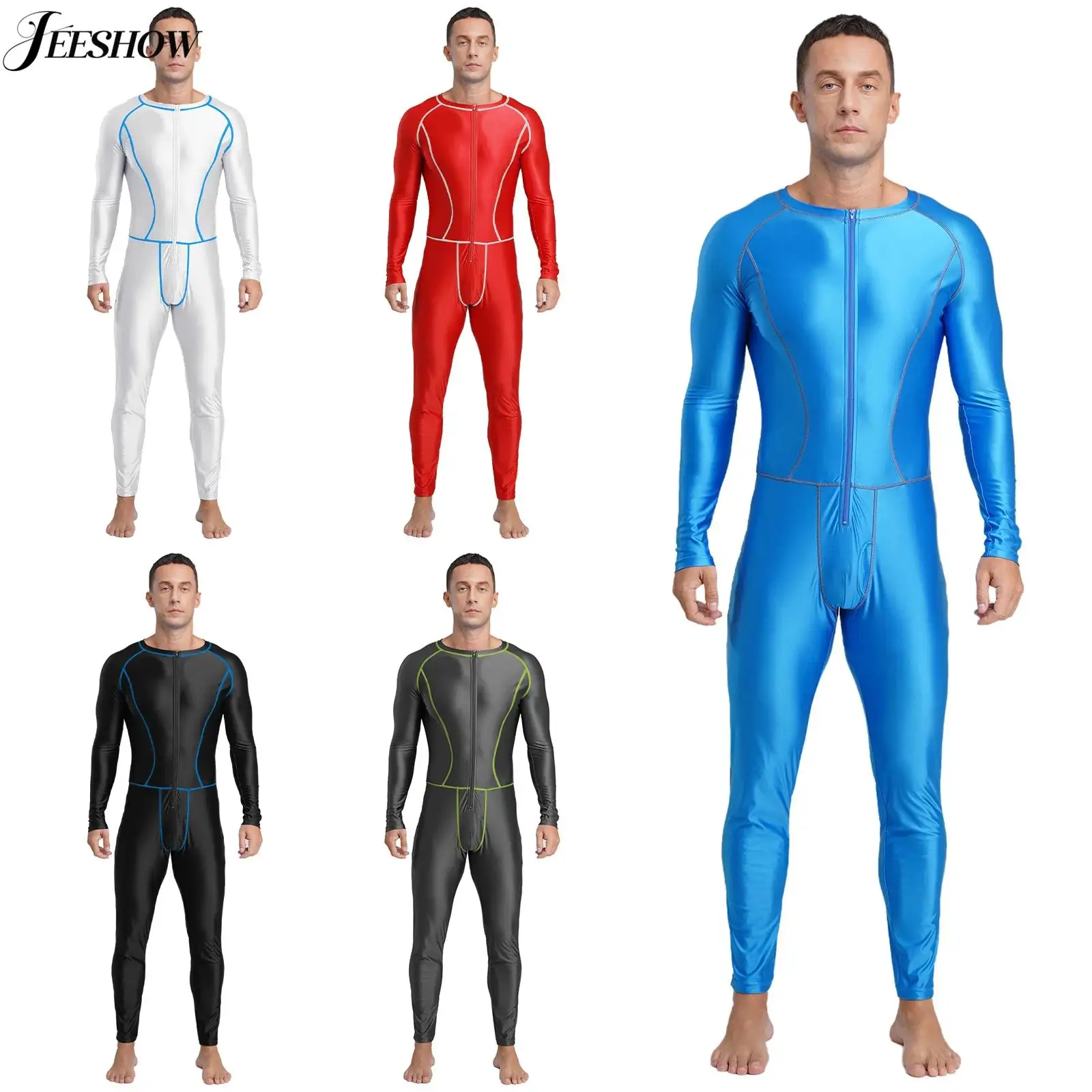 Mens Glossy Stretchy Long Sleeve Slim Fit Jumpsuit Oil Shiny Outer Flat Seams Front Zipper Unitard Compression Leotard Sportwear