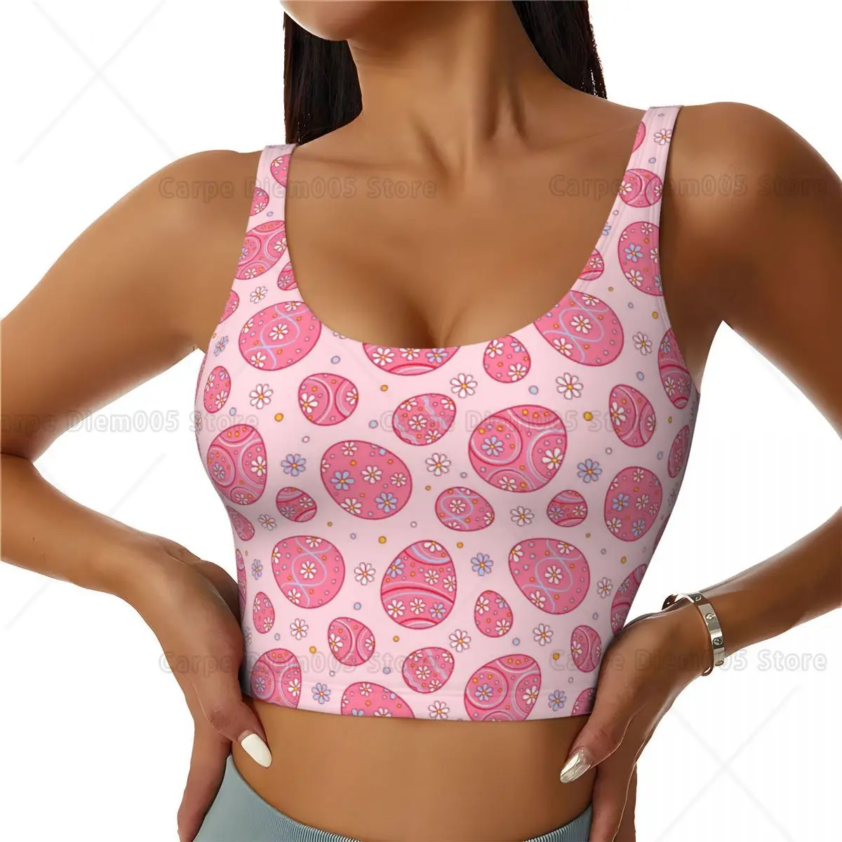 Pink Flowers Cute Eggs Print Crop Top Women Cozy U-Shaped Back Sports Vest Athletic Tank Tops All Seasons Breathable