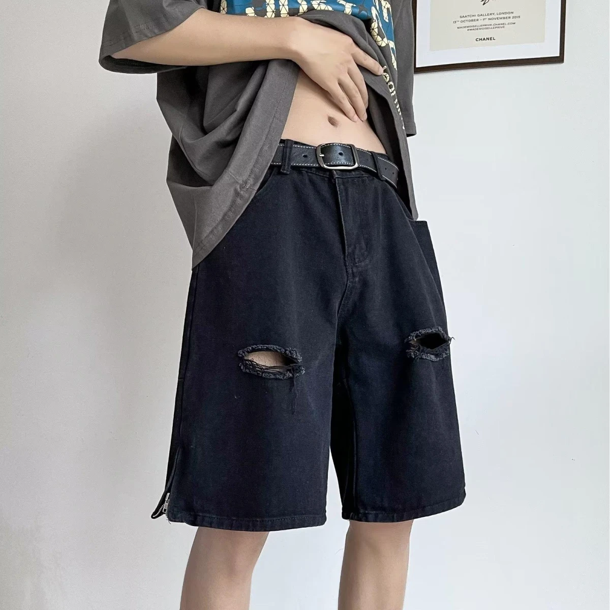 

Ripped Denim Shorts Men Summer American High Street Vibe Five-Quarter Trendy Handsome Zipper Slit Casual Pants
