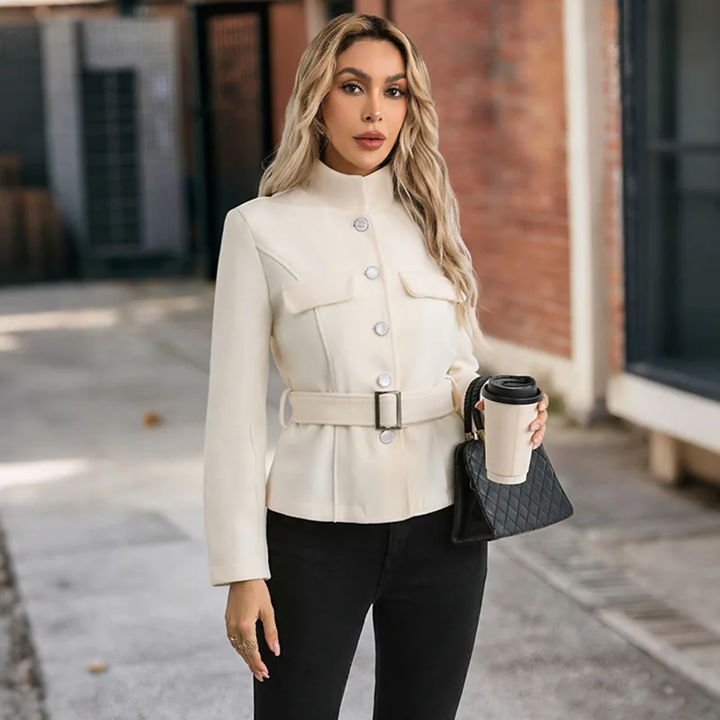 

New Autumn Winter Versatile Elegant Commuting Style Solid Color Woolen Coat with Lace-up Stand Collar