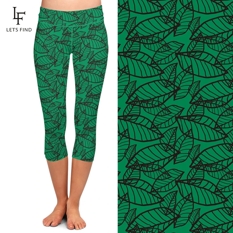 Fashion New Green Leggings Women Leaf Print Summer Capris Leggings High Waist Casual Mid Calf Leggings