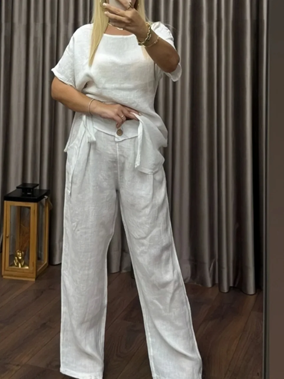 

Женский однотонный хлопково-льняной комплект нестандартной формы, весенний топ с завязками на шее и брюки с высокой талией, летний костюм из двух предметов с короткими рукавами