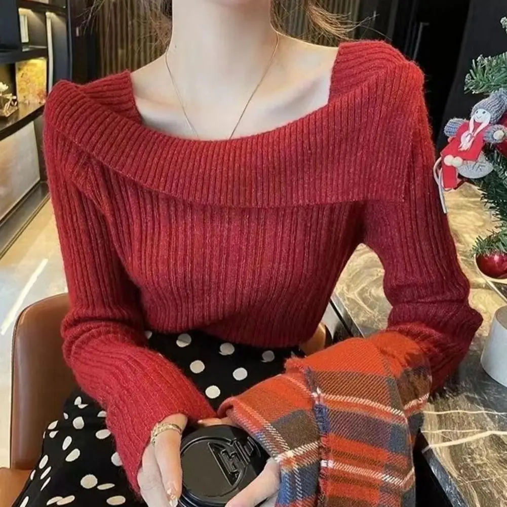 Soft Stretchy T-shirt Elegant Boat Neck Knitted Sweater for Women Soft Warm Pullover Blouse with Irregular Hemline Slim Fit Fall