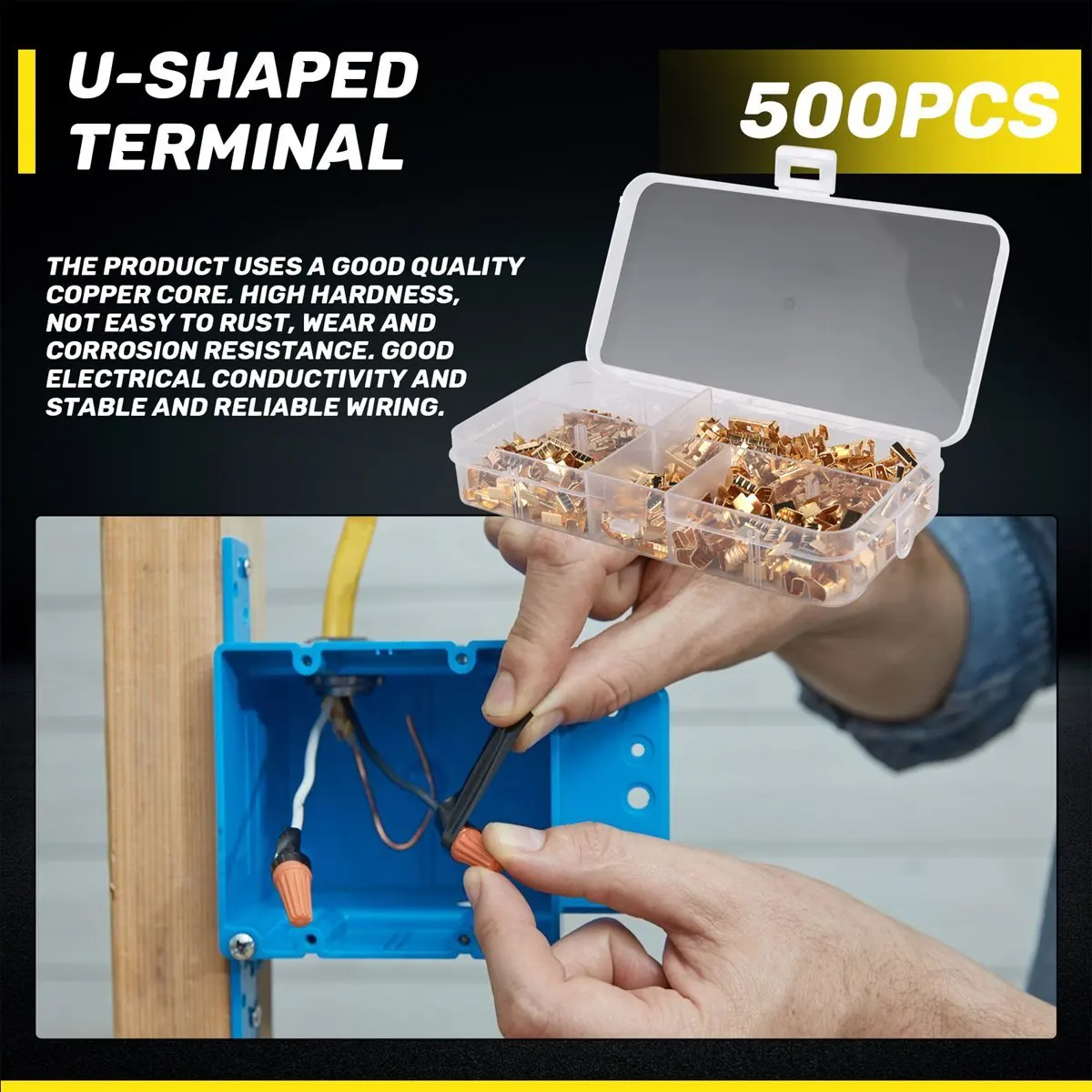 #81C 500Pcs U Shape Copper Ring Terminals Crimp Kit Non-Insulated Cable,Wire Crimps Terminal,(gold)