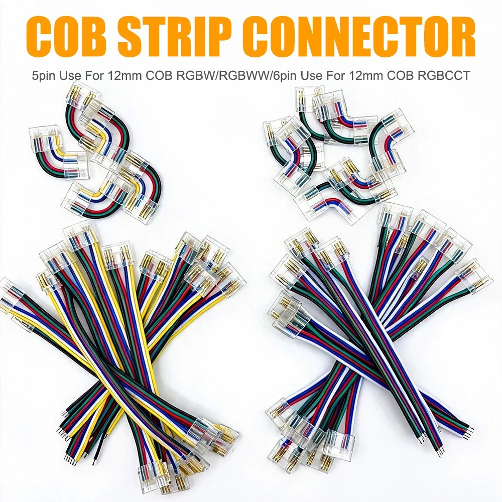 5Pin 6Pin COB LED Connector Transparent Clip Solderless Terminal Quick Connection Buckle for 12mm RGBW RGBCCT LED Strip Light