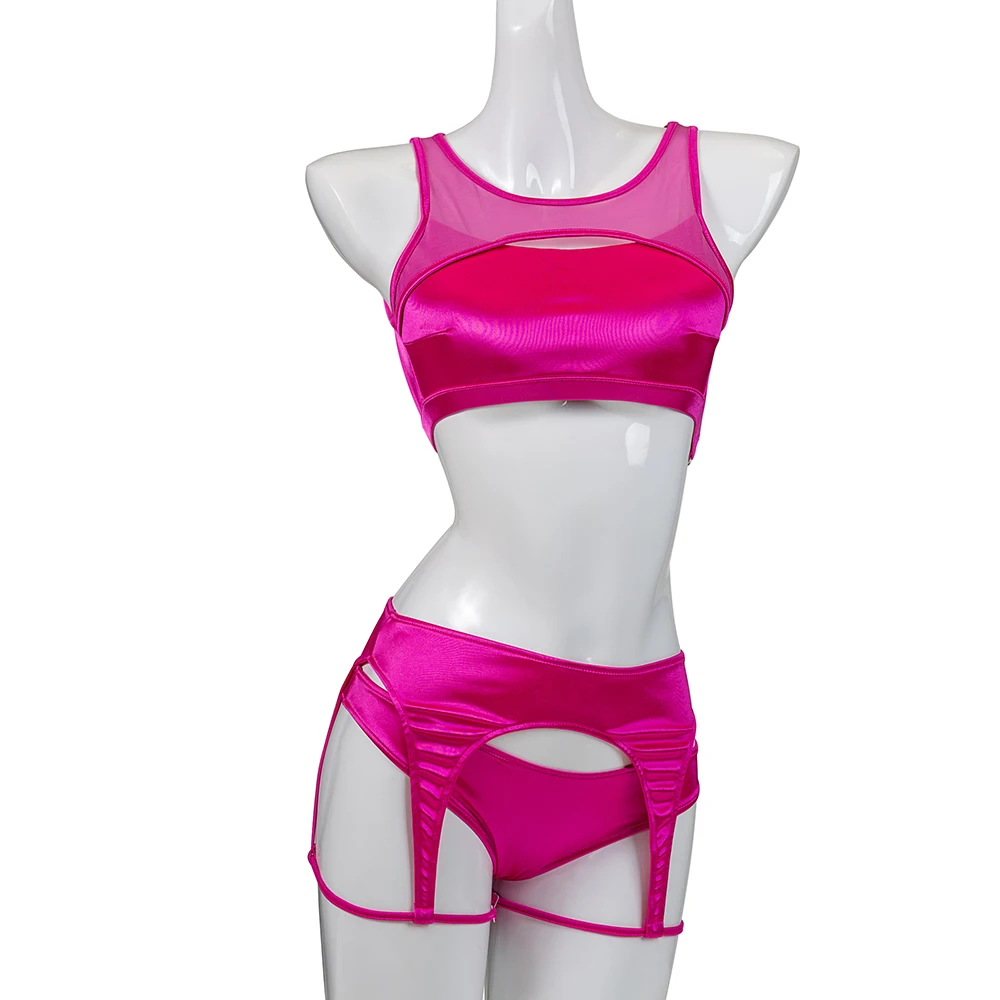 Hope&Win 2022 Newest Women\'s Pole Dance Wear  Short Triangles And a Belt Imitating Suspenders Sexy Party Clubwear Hot Pink Satin