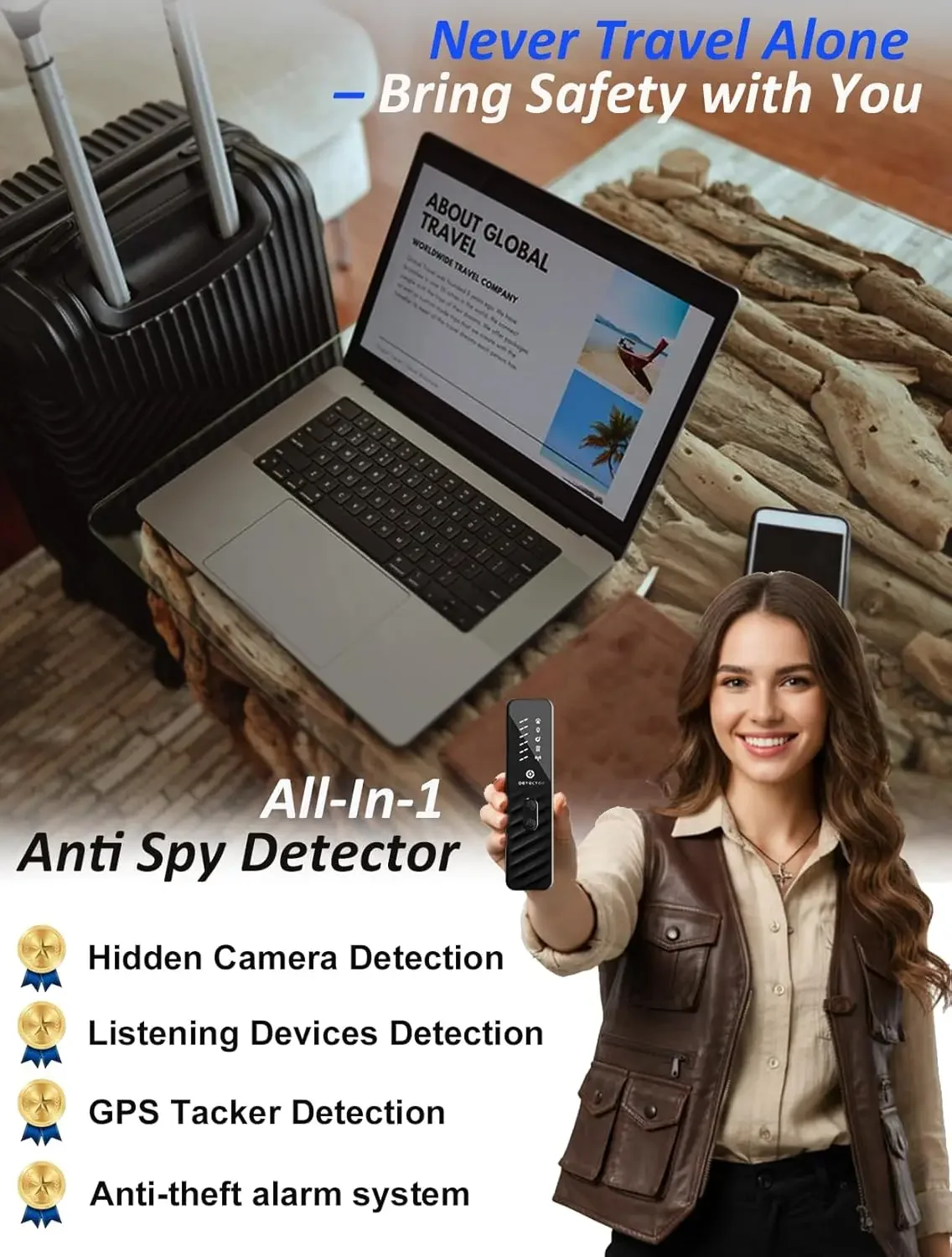 

Easy-Operate Hidden Camera Detector,168H Battery GPS Tracker/Bug Detection,Portable 4-in-1 Anti Spy Gadgets for Privacy Security