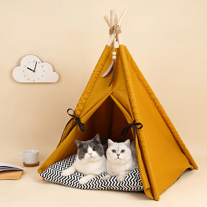 Pet Tent for Dogs Puppy Cat Bed Yellow Canvas Dog Cute House Pet Teepee with Cushion, 30 Inch Tall, for Pets Up to 15lbs