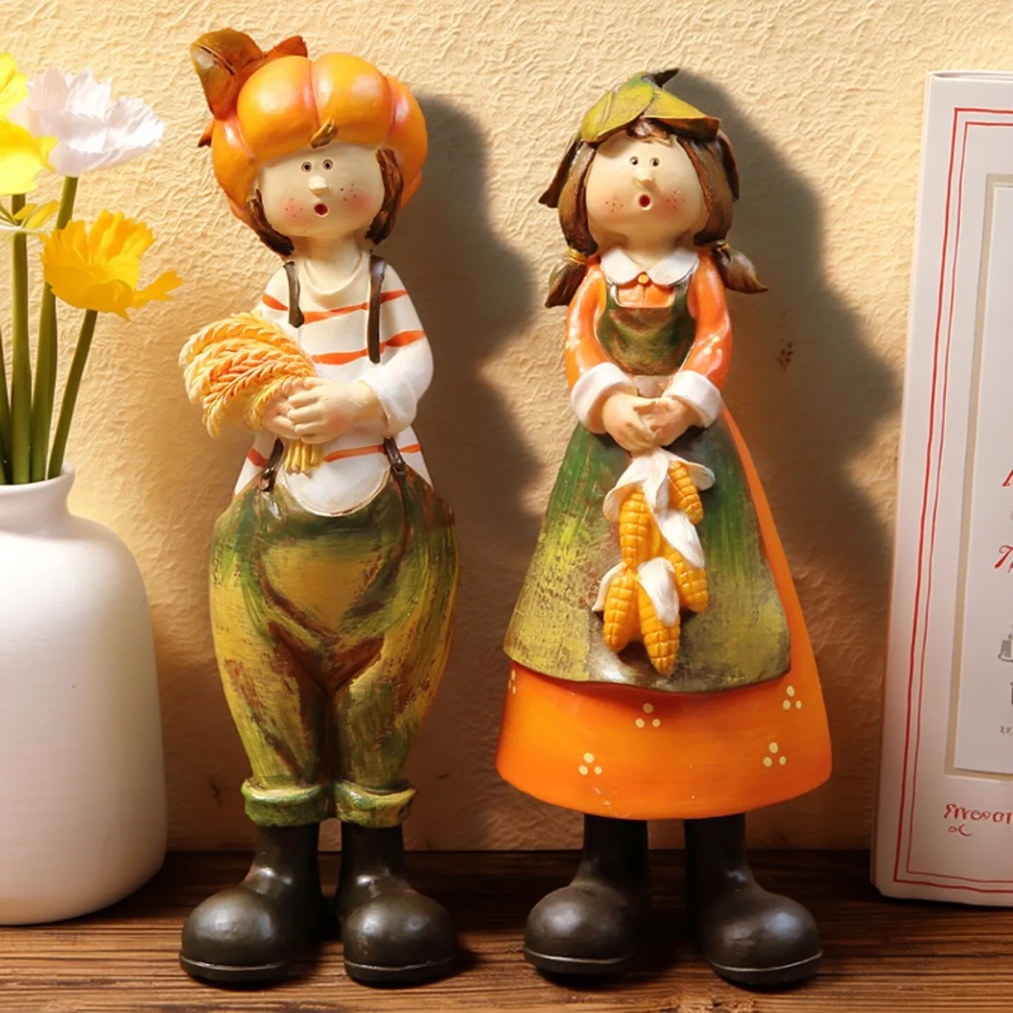 Cute Scarecrow Couple Resin Figurine Autumn Harvest Home Desktop Ornament