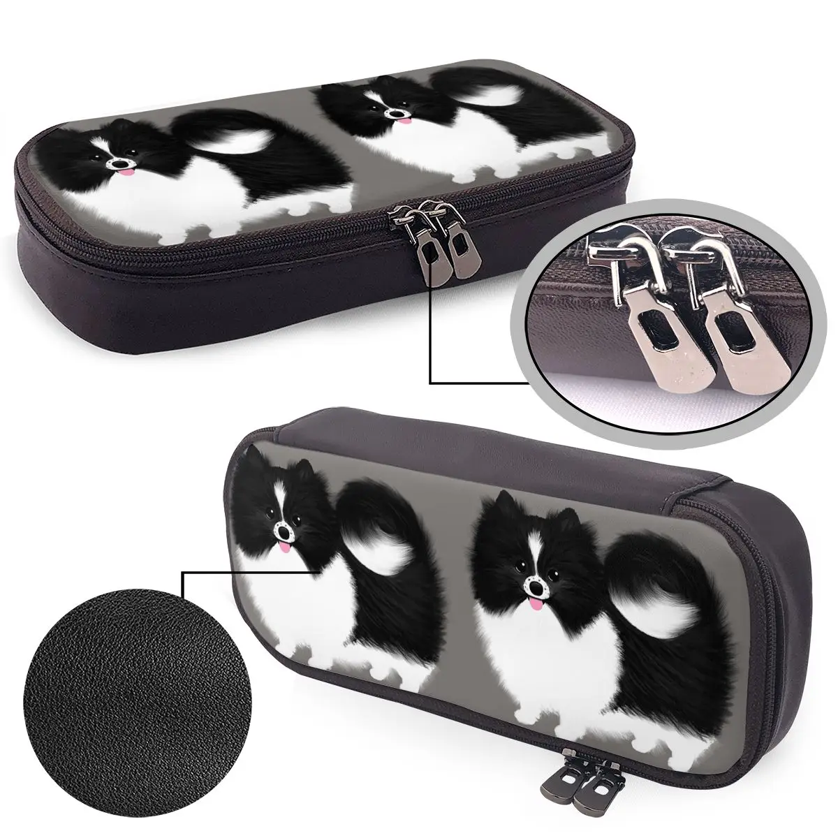 

Black And White Parti Pomeranian Fluffy Dog Leather Pencil Case for Gifts Pen Box Pencil Bag Stationery Supplies Pen Holder Bag