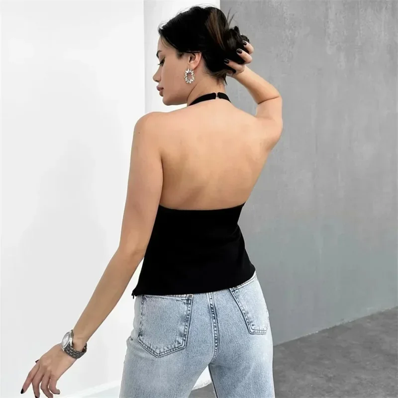 TRAF Bow Rhinestone Crop Top Women Cut Out Black White Sleeveless Backless Top Female Off Shoulder Sexy Tops Woman Summer Tops