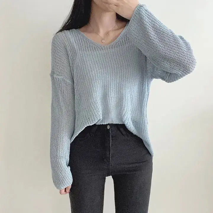 Semi Sheer Long Sleeve Knit Top Women V-neck Cover Up Pullover Open-Knit Sweater Spring Summer Fairycore Crochet Tops Outfit