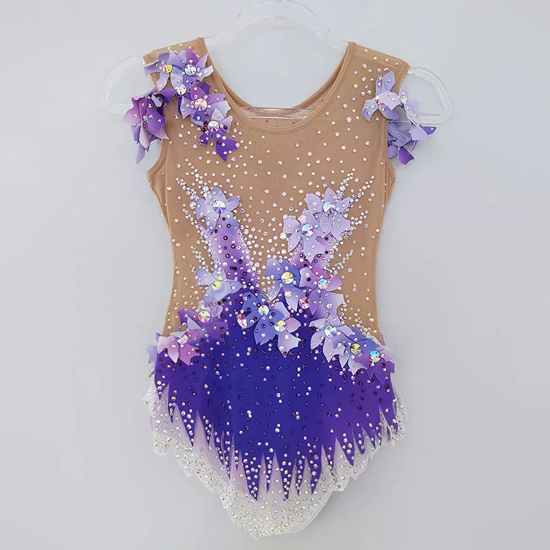 리듬체조 레오타드 보라색 모조 꽃 다이아몬드 진주 소녀 대회 공연 BD1665