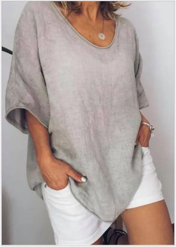 تي شيرت نسائي أساسي مقاس كبير لملابس المانجا ثلاثة أرباع، رقبة دائرية، لون خالص، قميص عصري