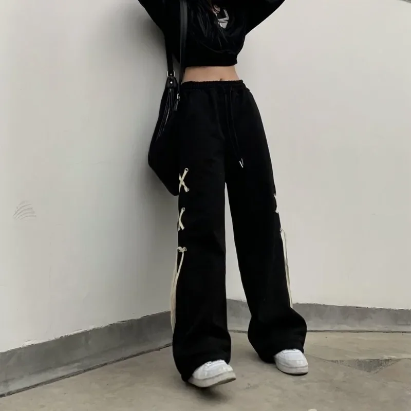 レディースブラックバンデージパンツ,ストリートウェア,ストレート,シック,カジュアル,ベーシック,原宿,ヒップスター,居心地の良い,bfスタイル,ミニマリスト,夏