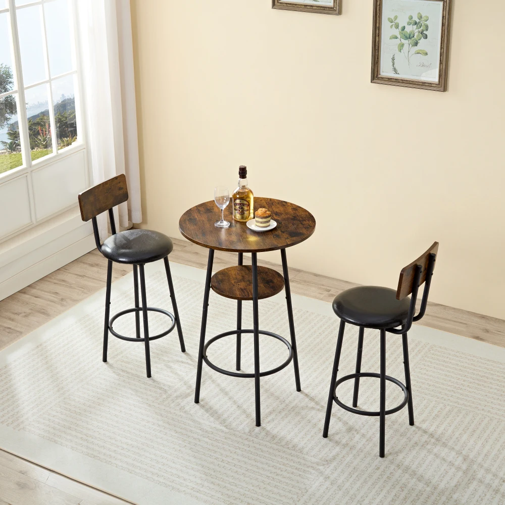 Three-piece Round Dining Table Two-level Small Dining Table with Storage Bar Table Two Upholstered Bar Chairs