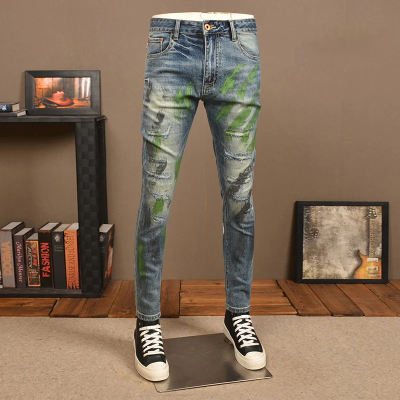 Y2kstreet-pantalones vaqueros de moda para hombre, Vaqueros elásticos pintados, ajustados, color azul lavado, estilo hip-hop, retro, para hombre