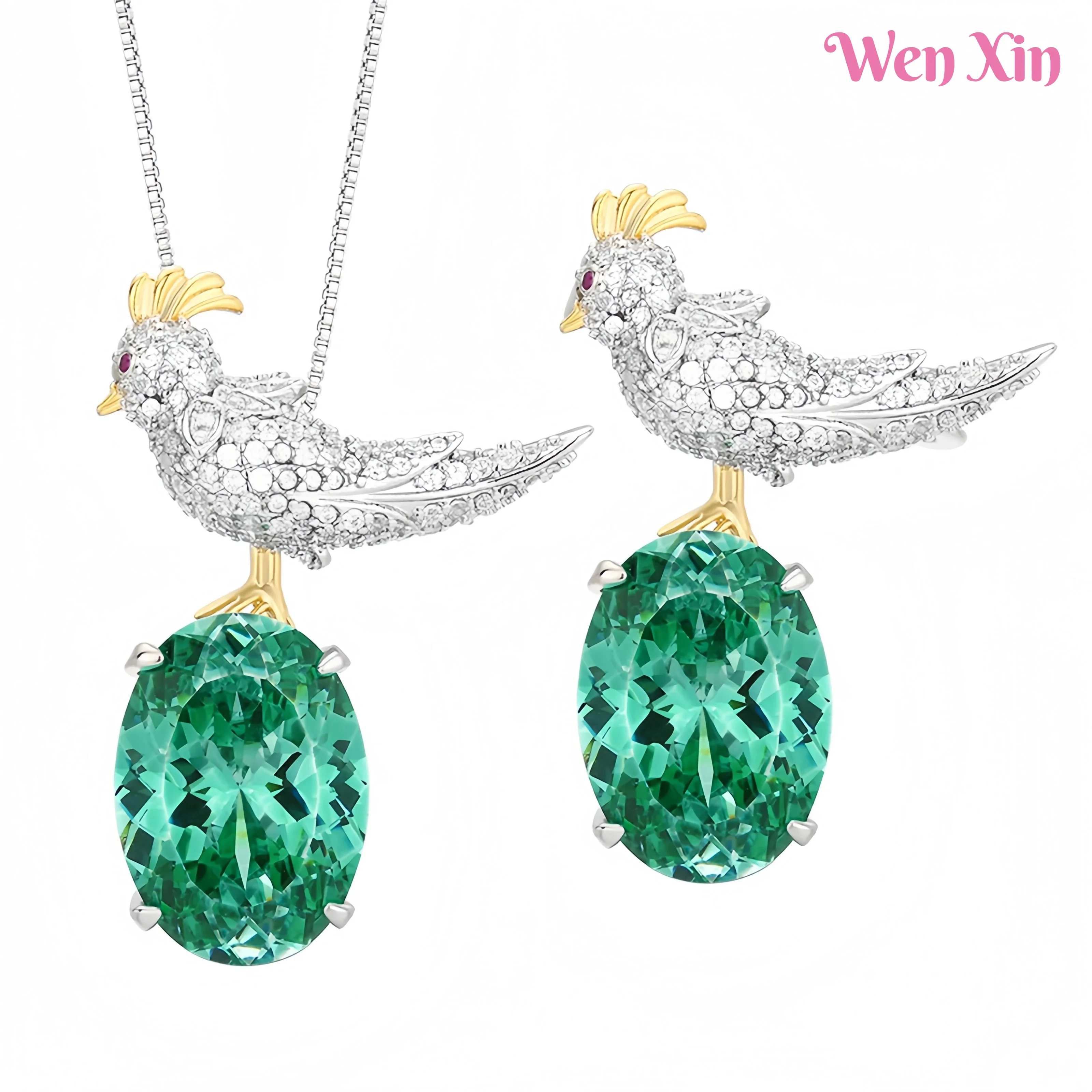 

WENXIN Luxury Designer Rainbow Bird Necklace Pendant For Women High Quality Copper Necklace And Brooch Jewelry Set Accessories