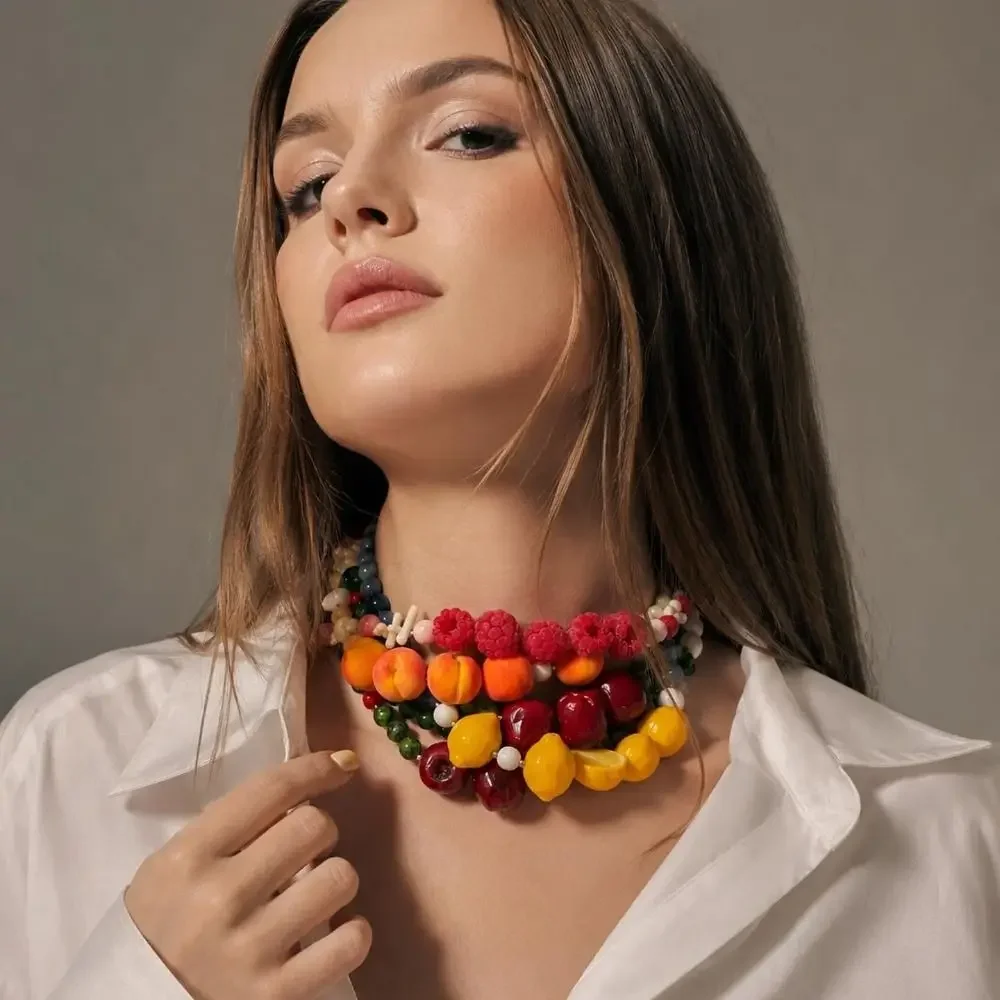 Layered Beads Fruit Necklace Colorful Beads Stackable Necklace Bracelet Set Cherry Geometric Bohemian Collarbone Chain Beach