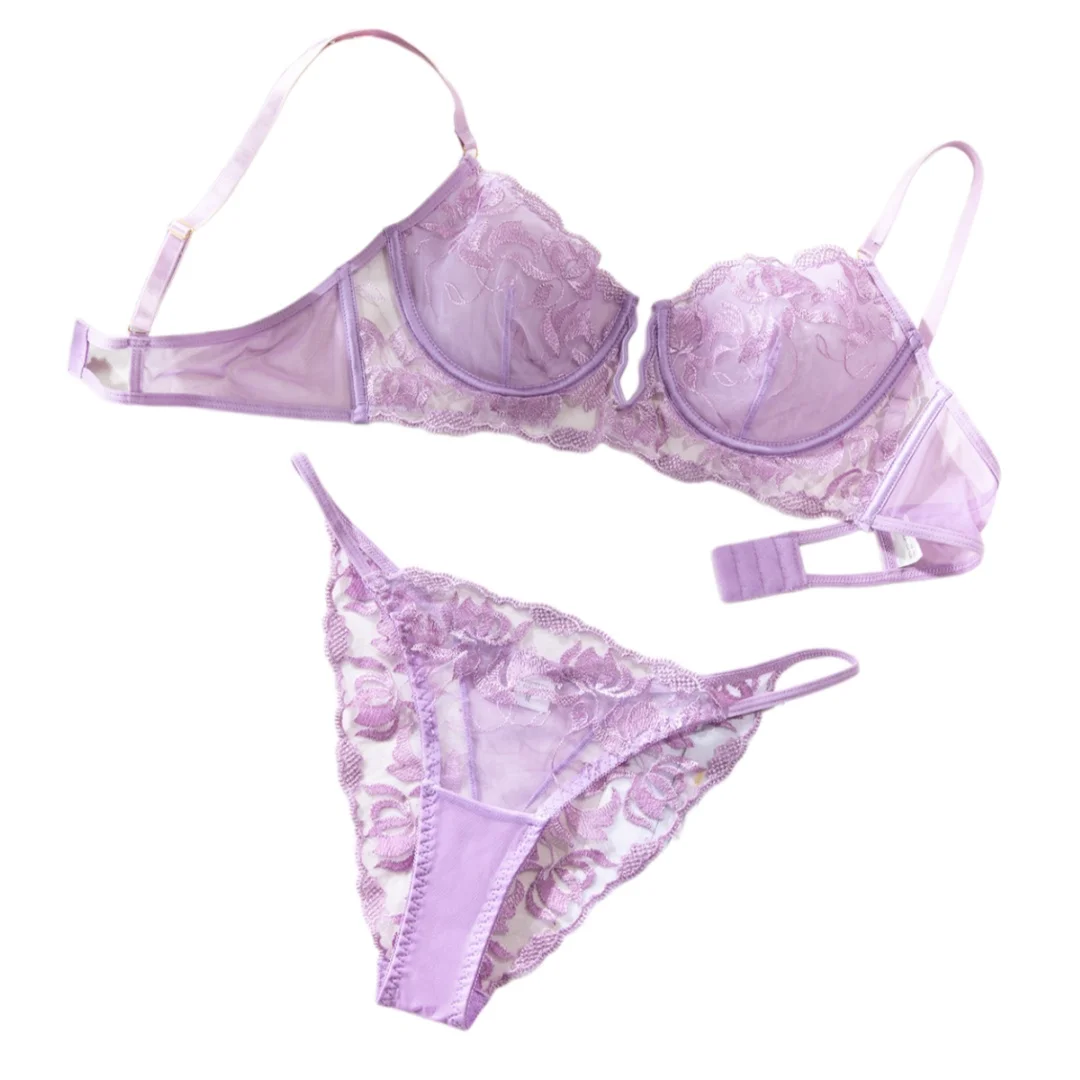 Krasapt Romantic Purple Embroidered Lingerie 2 Pcs Sets Sexy Mesh Patchwork See-through Bras And Panties Erotic Intimate Suits ﻿