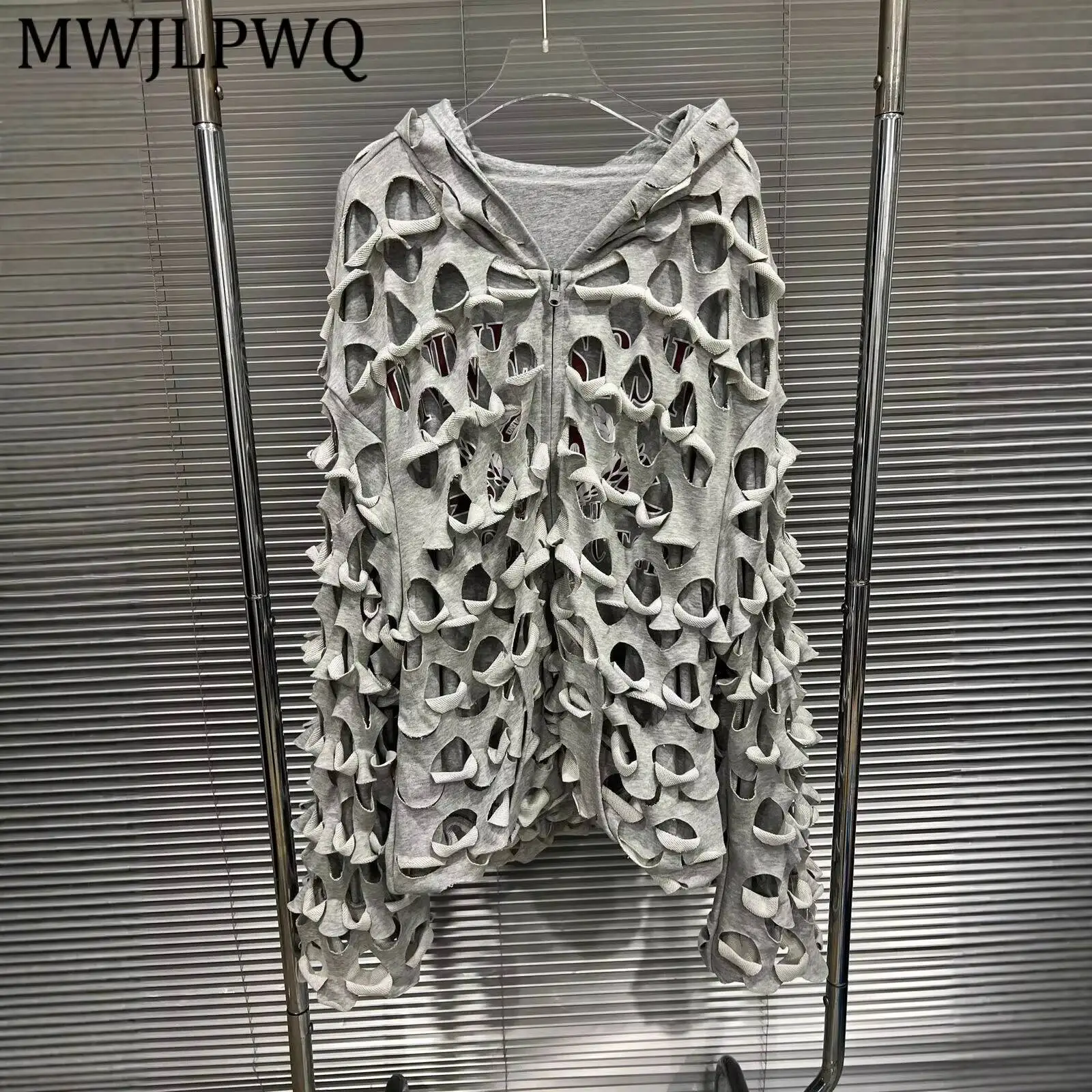 MWJLPWQ Full Frayed Hollow Double Layer Hooded Outerwear Unisex Letter Print Side Pocket Oversized Grunge Sweatershirt New 17100