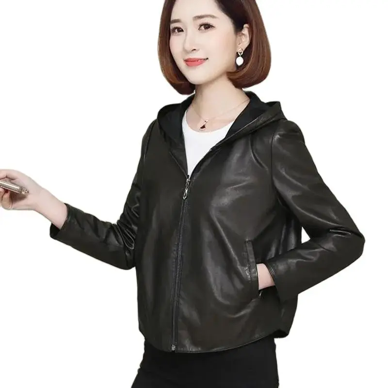 Fashion Unsplitting Skin Short Leather Coat Female NEW 2023 Women\'s Motorcycle Jacket Spring Autumn Korean Version Outerwear